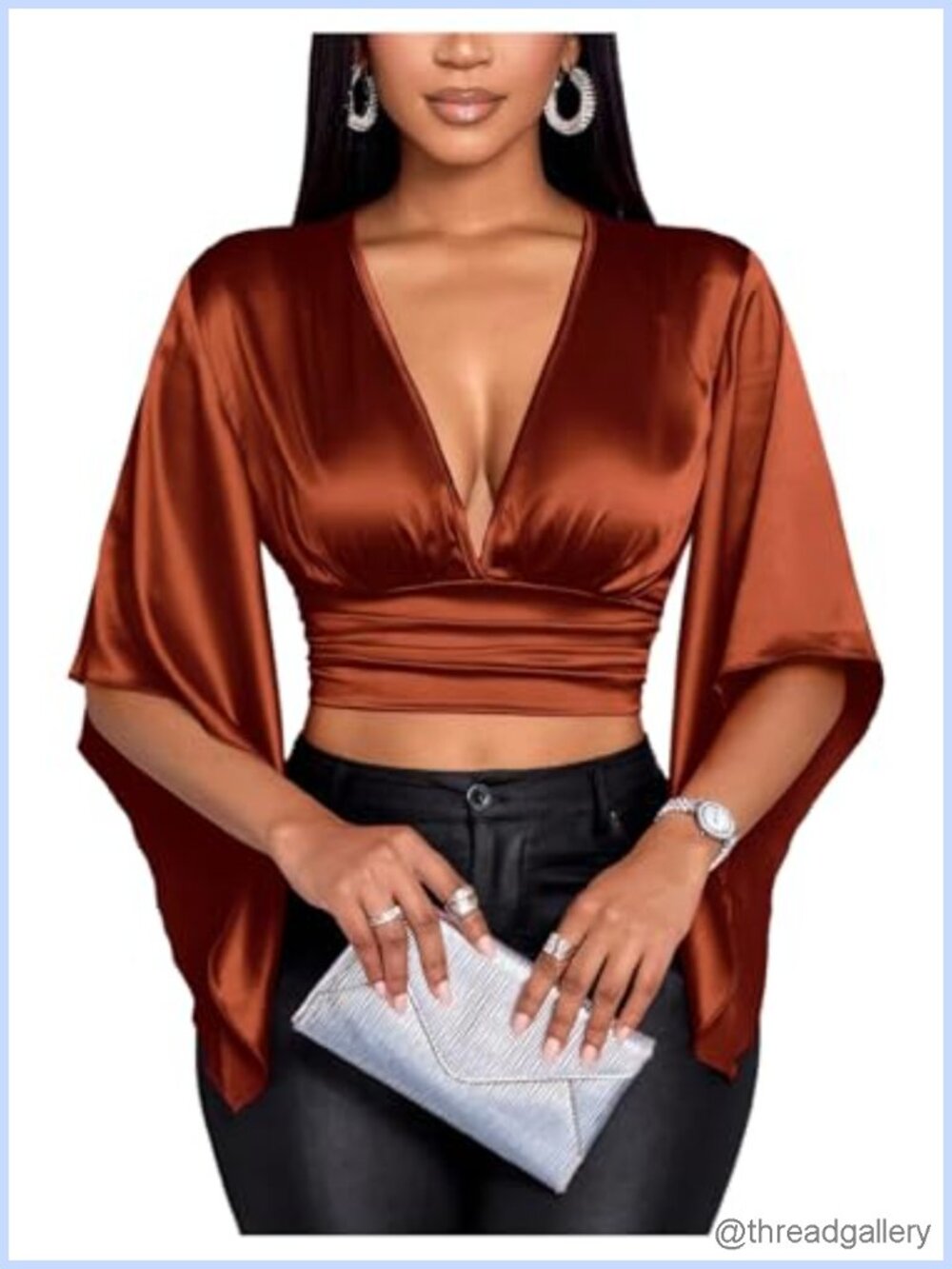 Satin Deep V Cutout Bow Back Ruched Crop Blouse